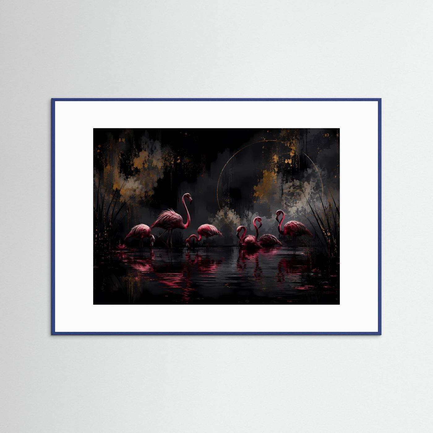 Flamingos in der Dunkelheit | Elegante Schwarz-Gold Wandkunst mit Pink – Modernes Poster Querformat