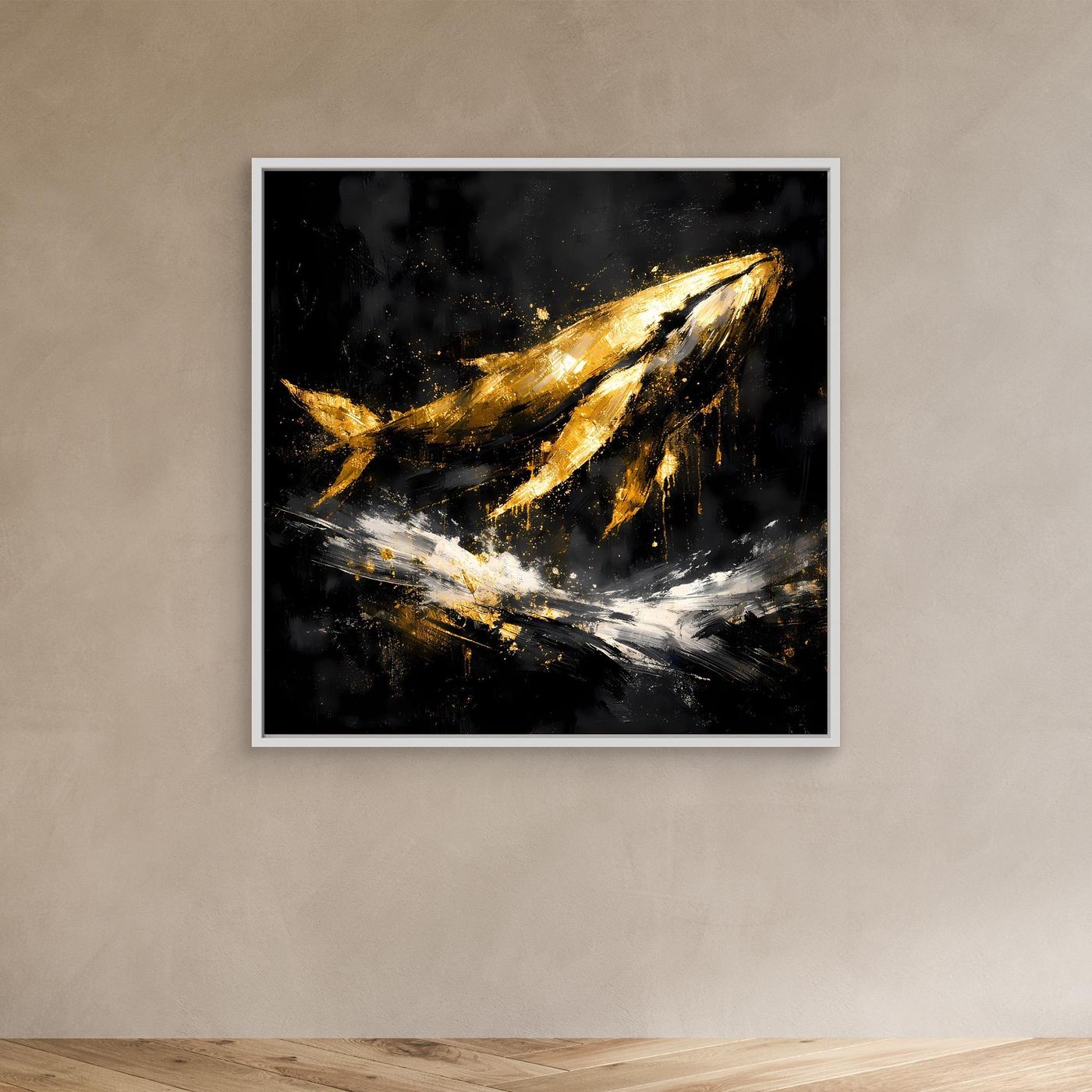 Leinwand Majestätischer Wal in Gold und Schwarz | Modernes Abstraktes Meeres Wandbild
