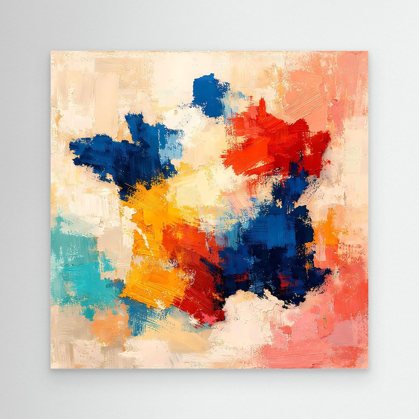 Abstract canvas wall art with blue, red, yellow, and teal paint splashes, no visible frame.
