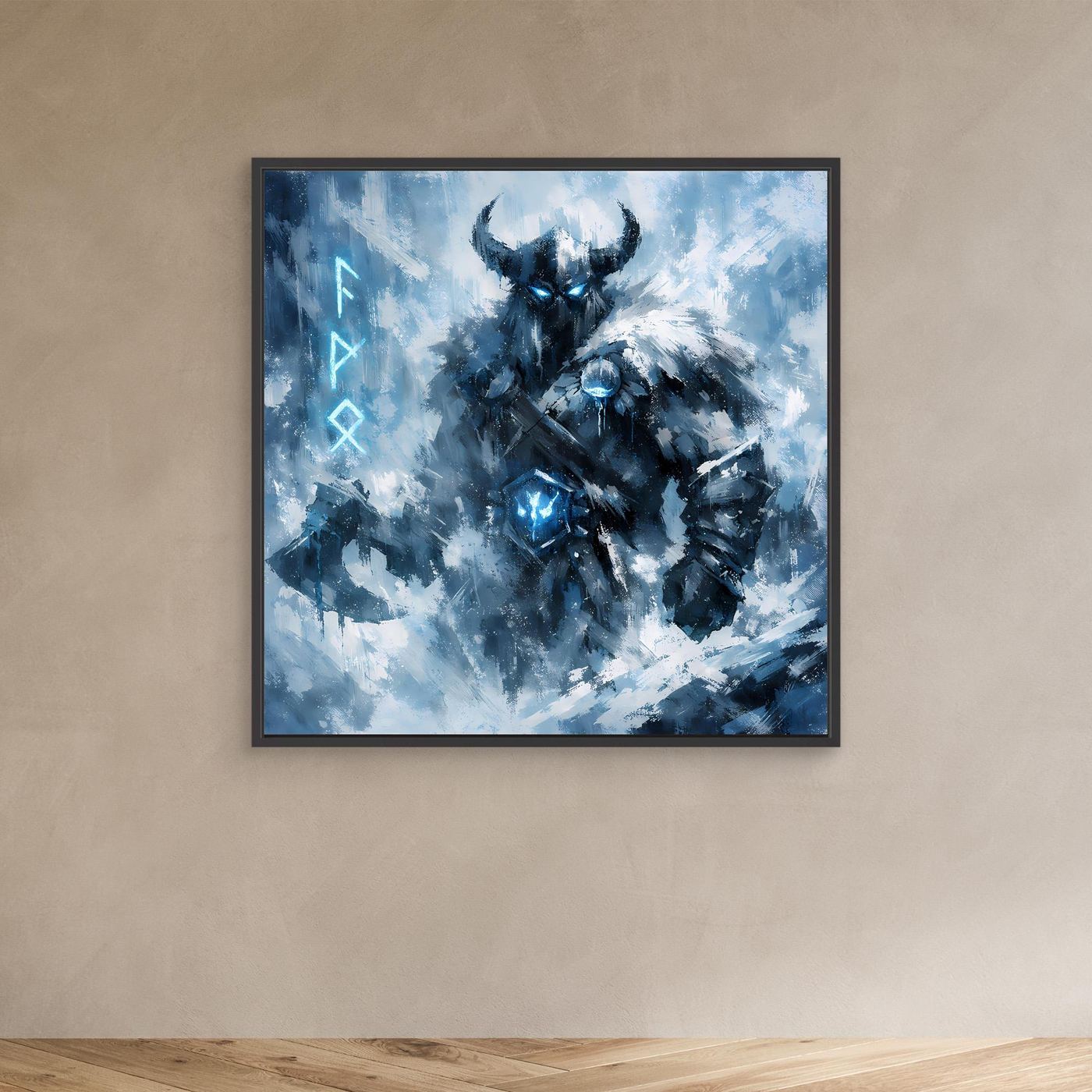 Wandbild mit schwarzem Rahmen: abstrakter Eiskrieger mit Geweihhelm und blauem Leuchten im Zentrum