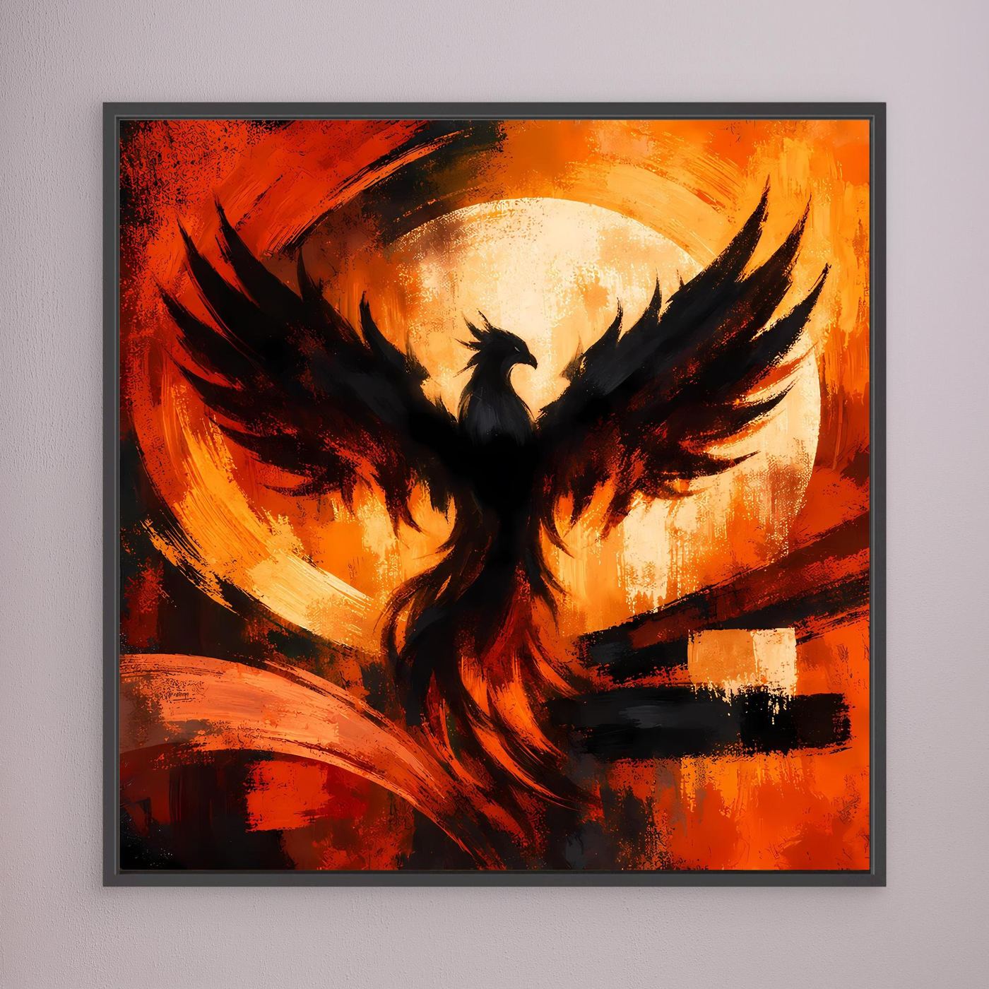Gerahmtes Leinwandbild mit Phönix-Silhouette, schwarze Flügel, orange-rote Farbfelder