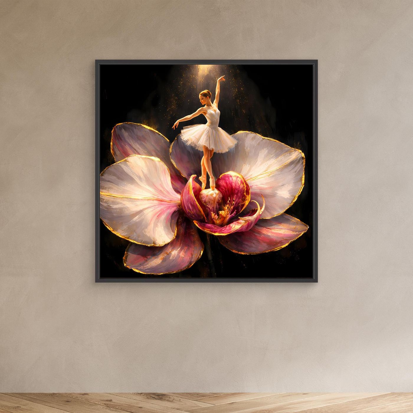Premium Leinwand Elegante Ballerina auf Orchidee | Abstraktes Ballett Wandbild mit Goldakzenten