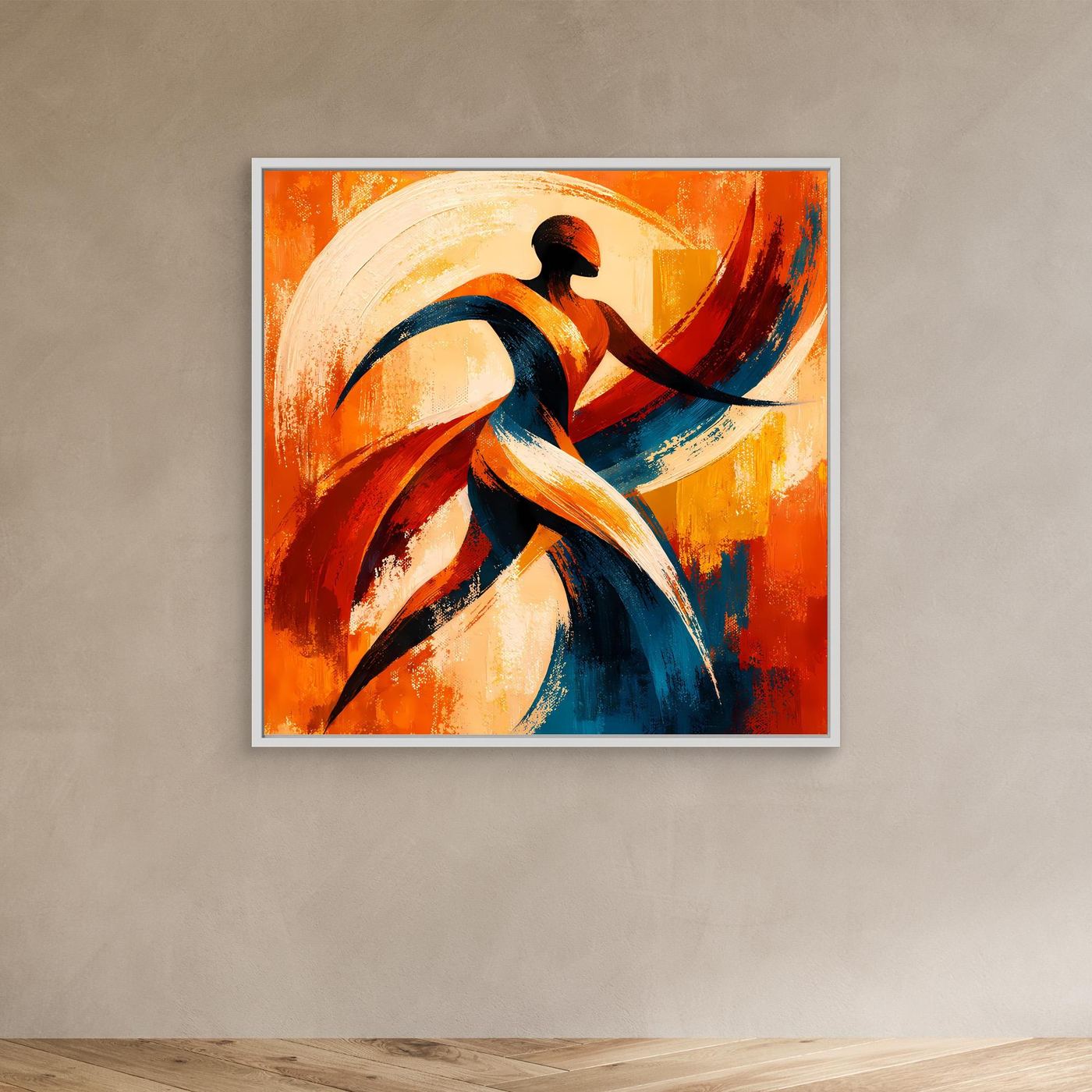 Leinwandbild abstrakte Tänzer-Silhouette mit weißem Rahmen, rot-orange und blaue Farbstriche