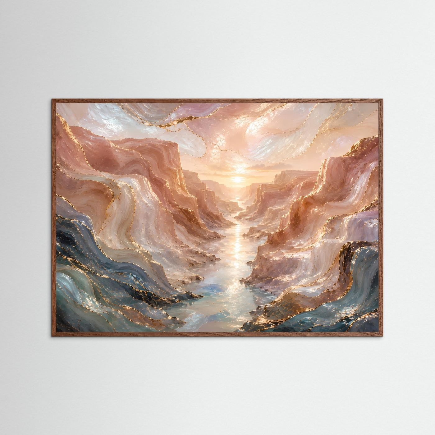 Gerahmtes Poster Querformat mit Canyonlandschaft, Fluss und blau-grauen Akzenten