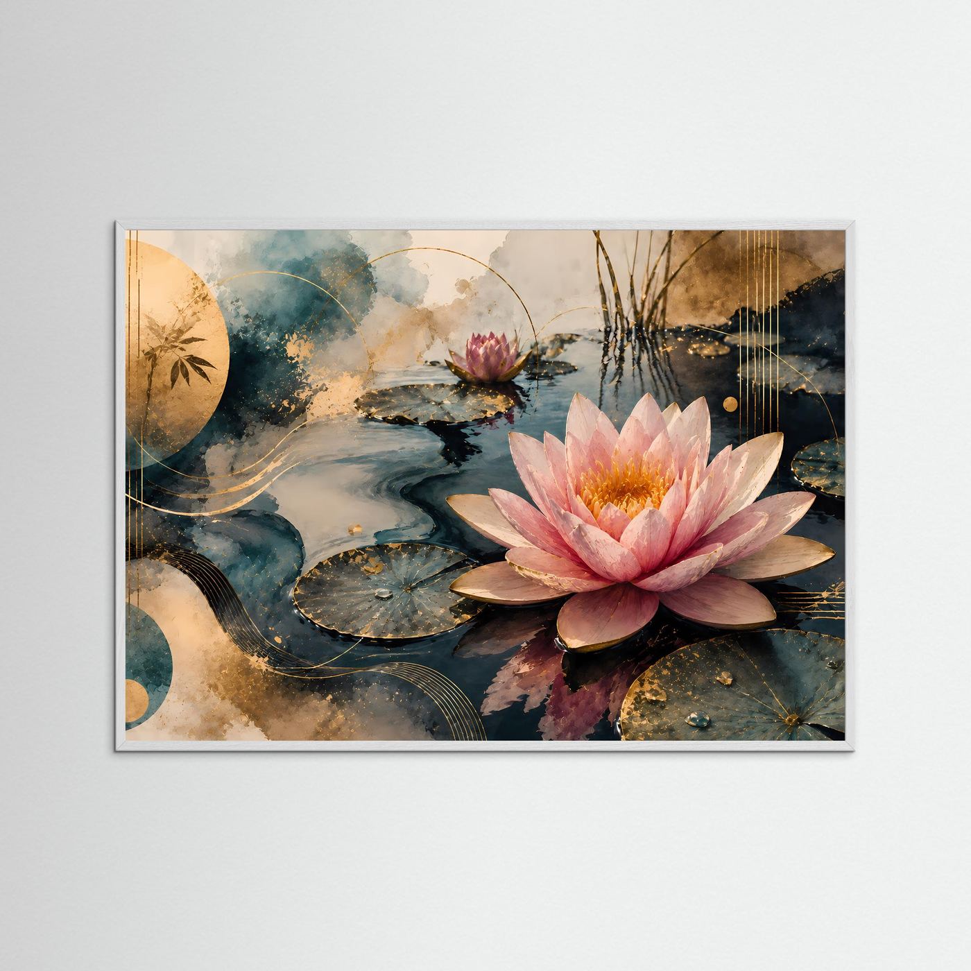 Gerahmter Kunstdruck im Querformat: Seerose in Rosatönen auf dunklem Wasser, moderne Farbflächen