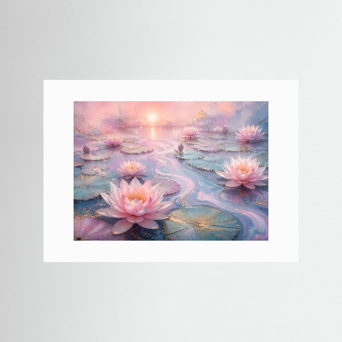 Lotusblüten Poster Querformat | Rosa Seerosen auf Wasser | Elegante Zen Wandkunst in Pastell