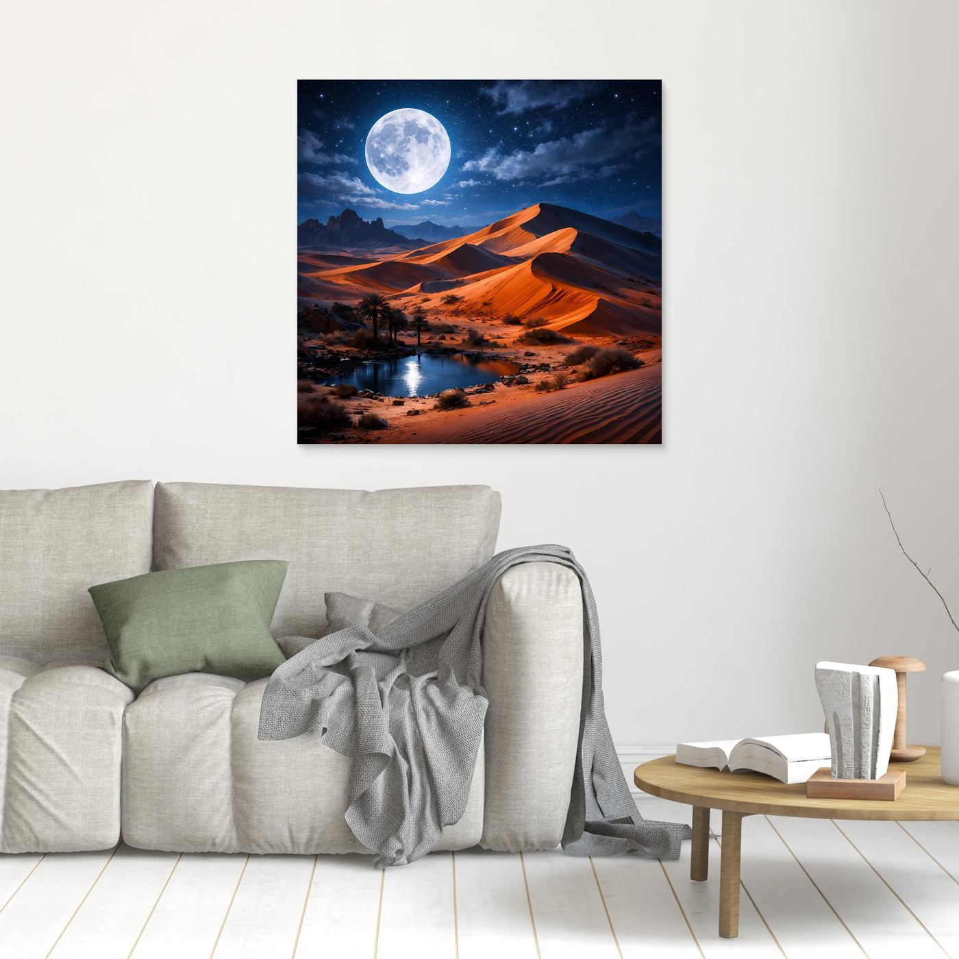 Wandbild mit Mond und Dünenlandschaft, orangefarbene Sandhügel, brauner Rahmen