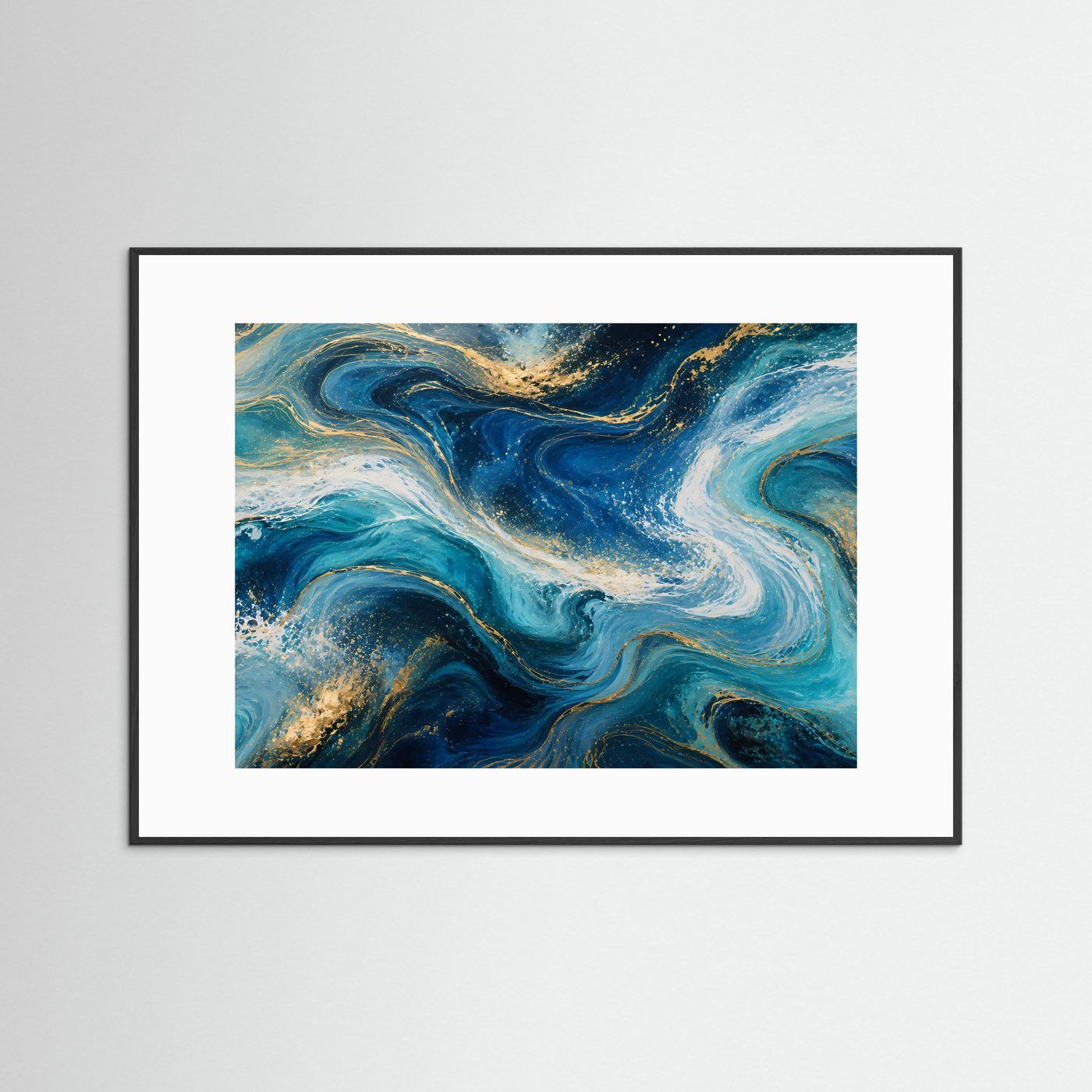 Abstrakte Meereswellen Poster | Ozean Wandbild in Blau Gold | Moderne Fluid Art | Luxuriöse Küstenkunst | Leinwand Wohnzimmer