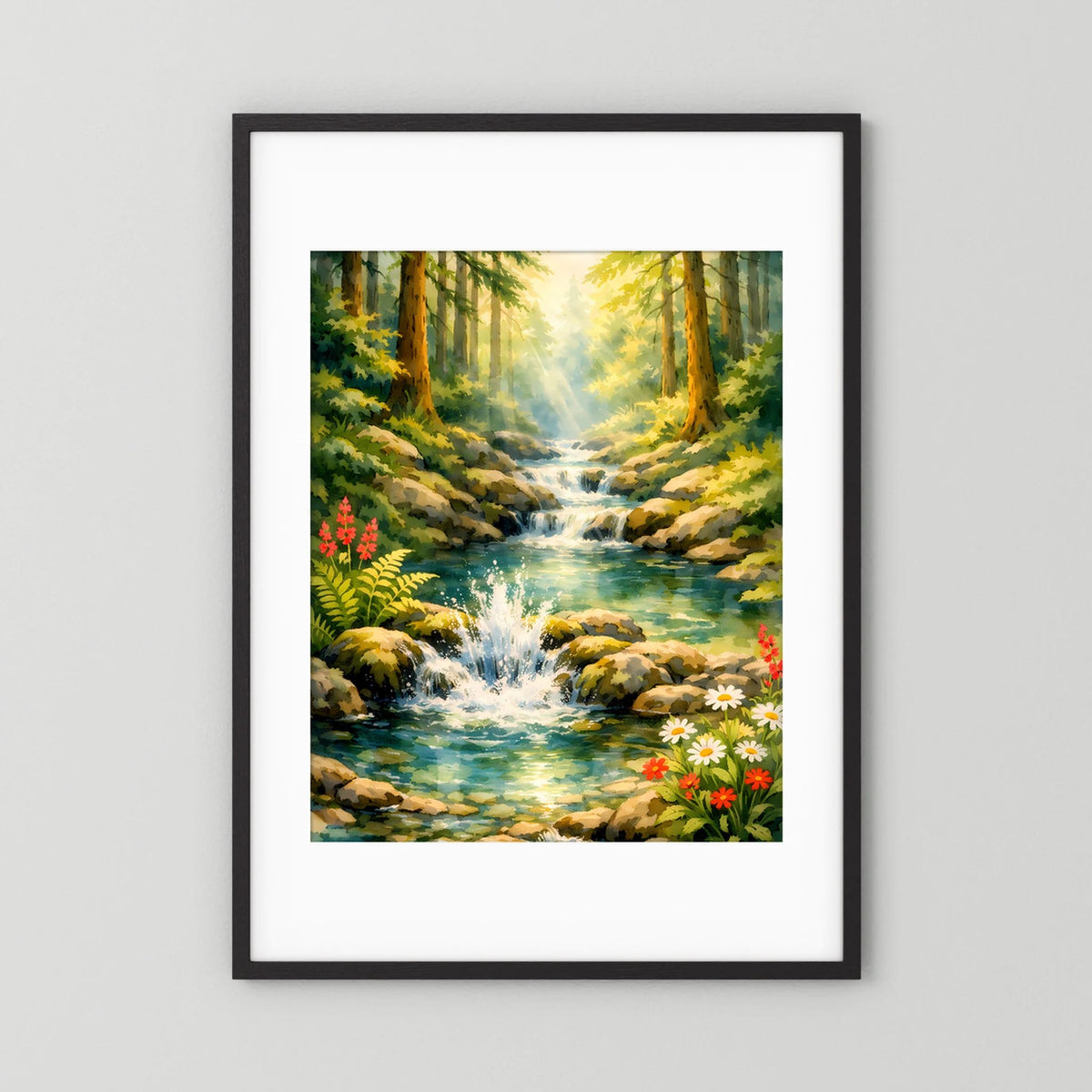 Poster mit Waldidylle und Wasserfall, schwarzer Rahmen mit weißem Rand