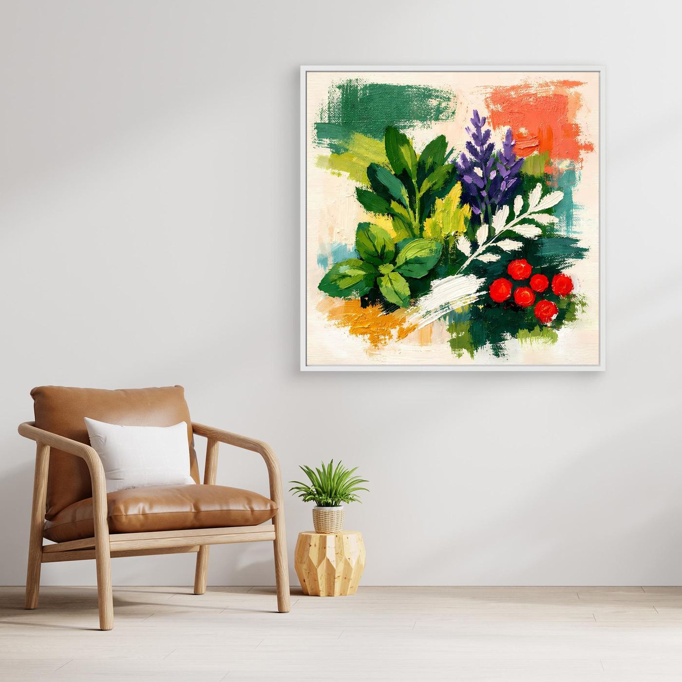 Abstract herb bouquet wall art, white frame, green foliage with purple sprig and red berries