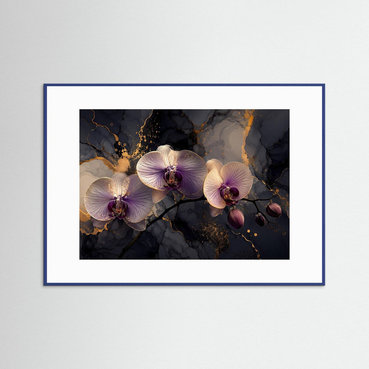 Orchideen-Wandbild: violette Phalaenopsis, blau gerahmtes Kunstmotiv