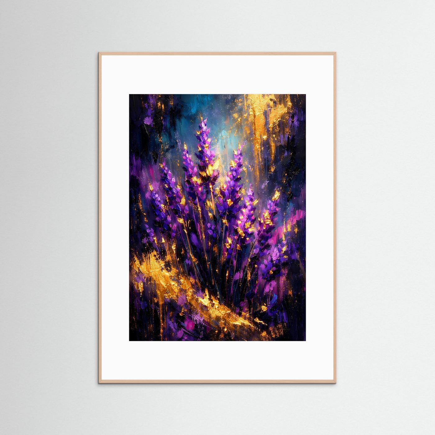 Abstraktes Kunstposter mit lila und goldfarbenem Blumenmotiv, roséfarbener Rahmen