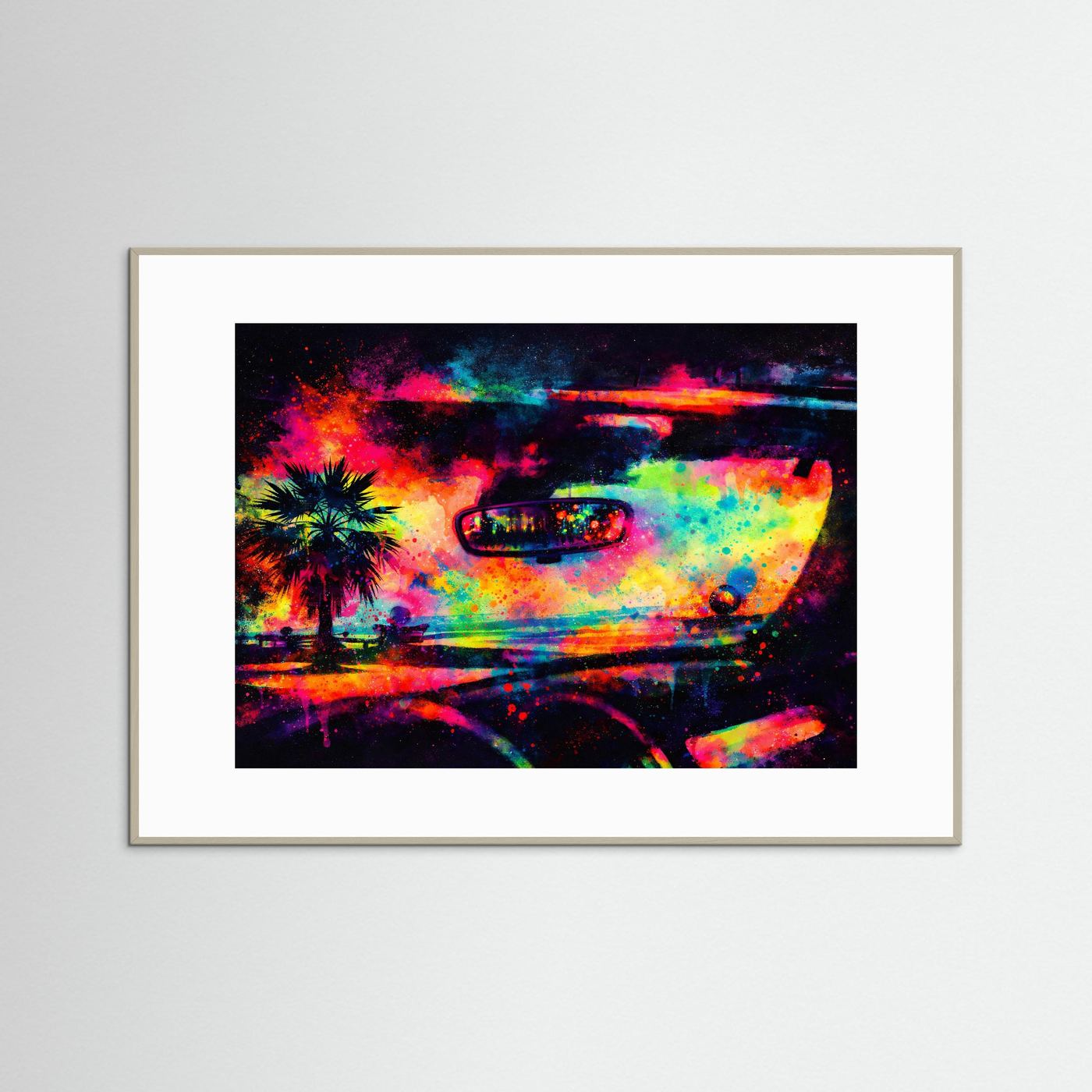 Buntes Buntfeuer-Roadtrip Wandbild | Neon Tropen & Retro Auto Kunst Querformat