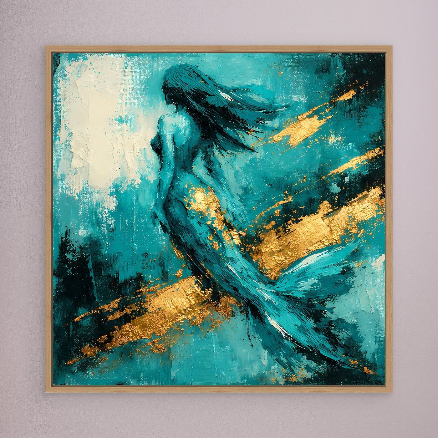 Leinwand Elegante Meerjungfrau in Türkis | Abstraktes Nixen Wandbild Gold Blau