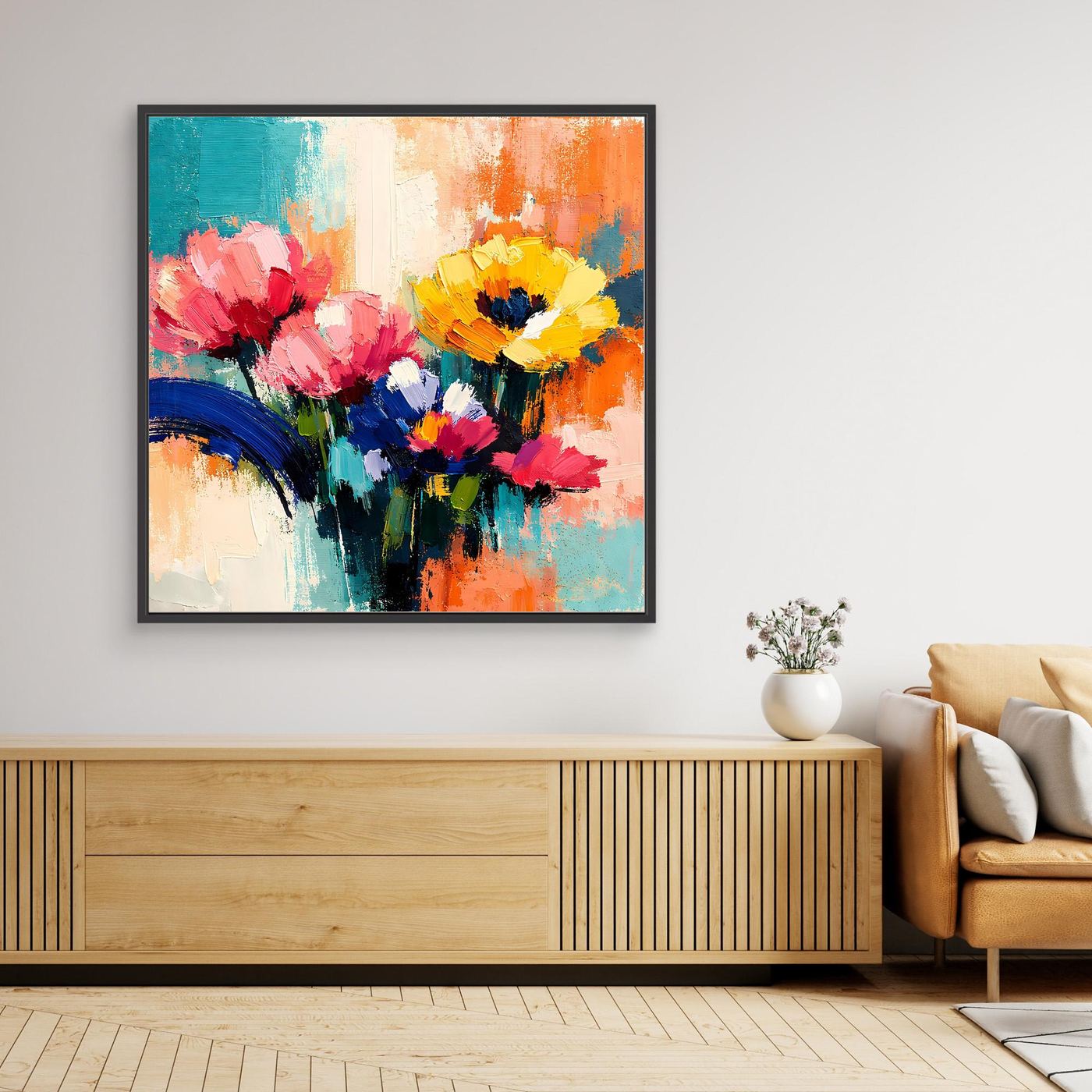 Gerahmtes Leinwandbild mit abstrakten Sommerblumen in kräftigen Farben, schwarz gerahmt