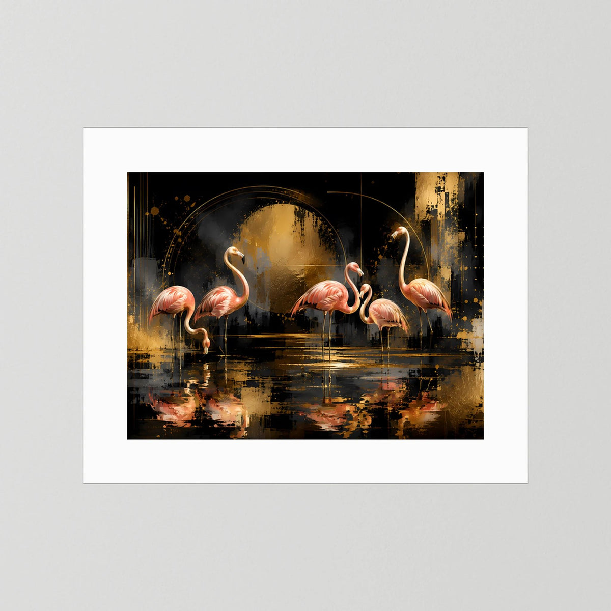 Poster mit abstrakten Flamingos in Rosa, Schwarz und Gold im weißen Passepartout