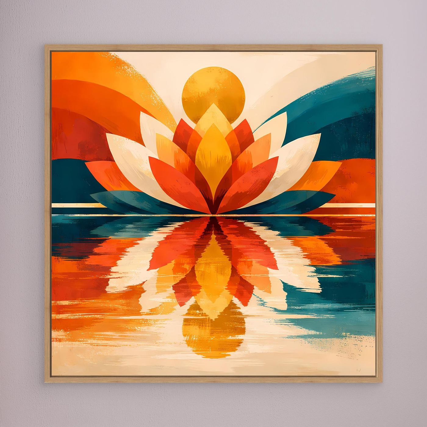 Leinwandbild mit symmetrischem Lotus in Orange, Gelb und Türkis, braun gerahmt