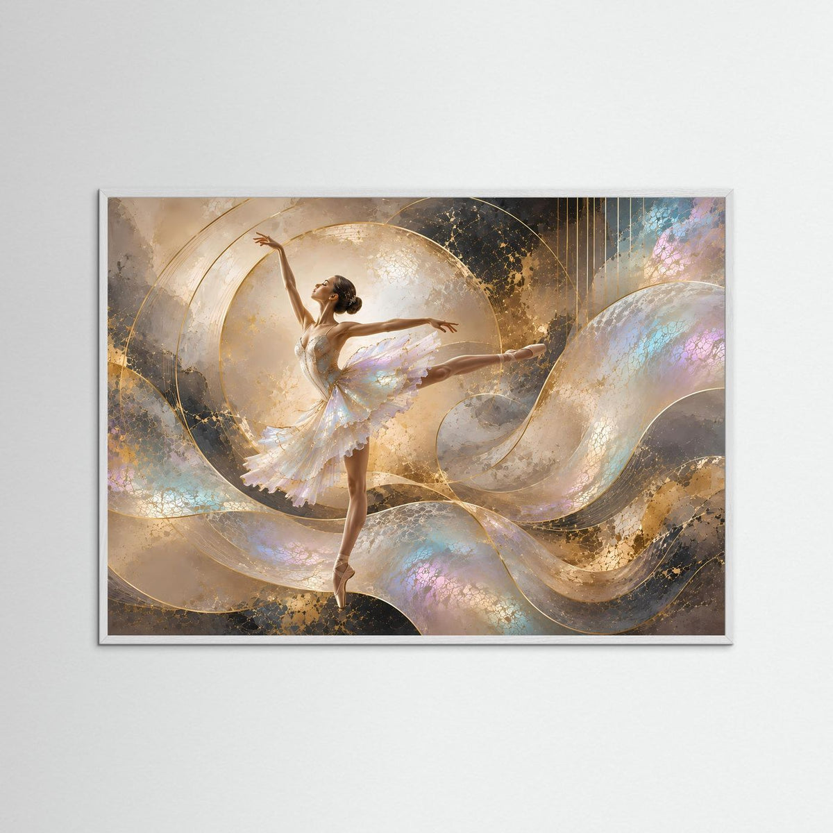 Ballett-Wandkunst mit Ballerina im Schleier, Perlmutt- und Goldtönen, braunem Holzrahmen