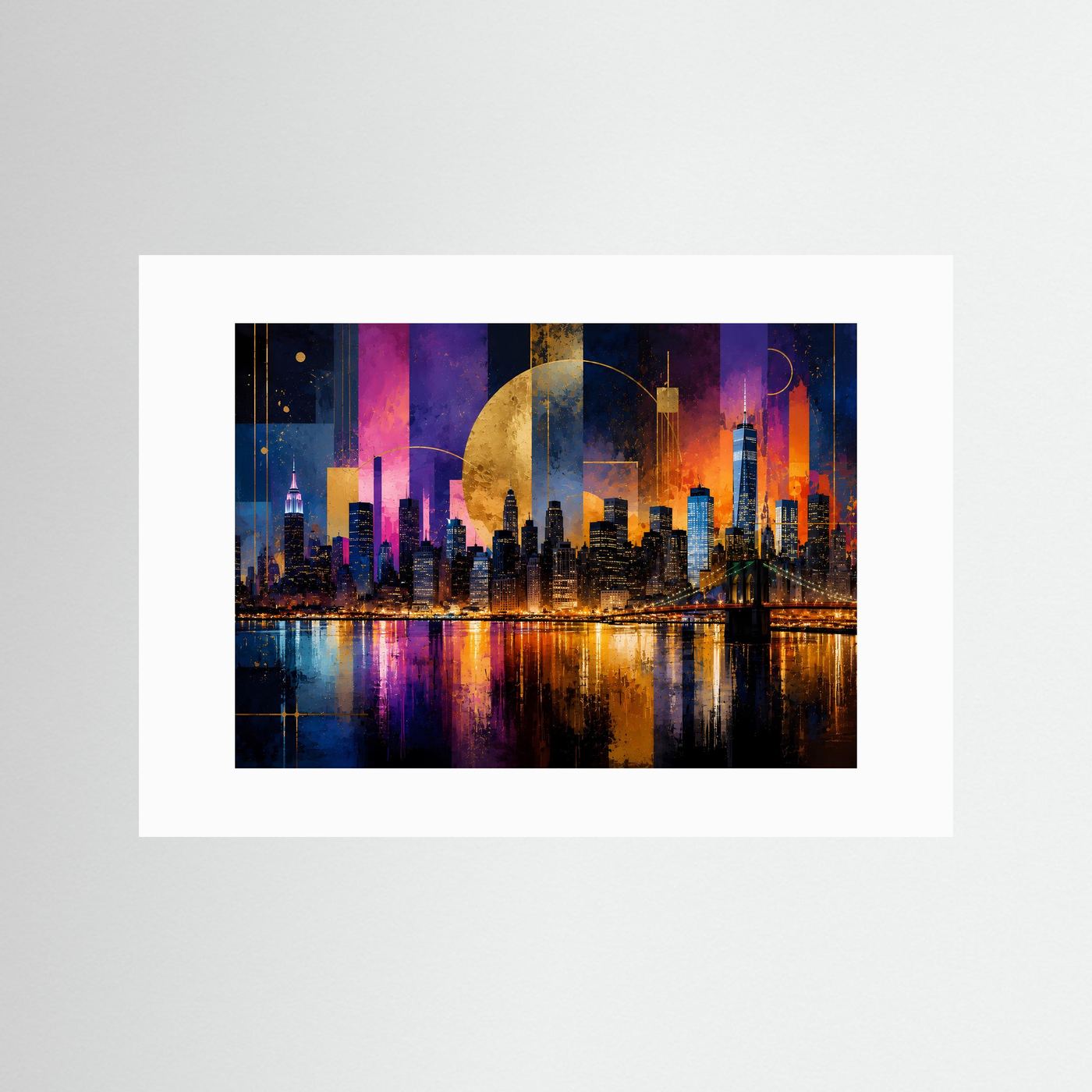 Poster im Querformat mit weißem Passepartout und Neon-Skyline über Wasser