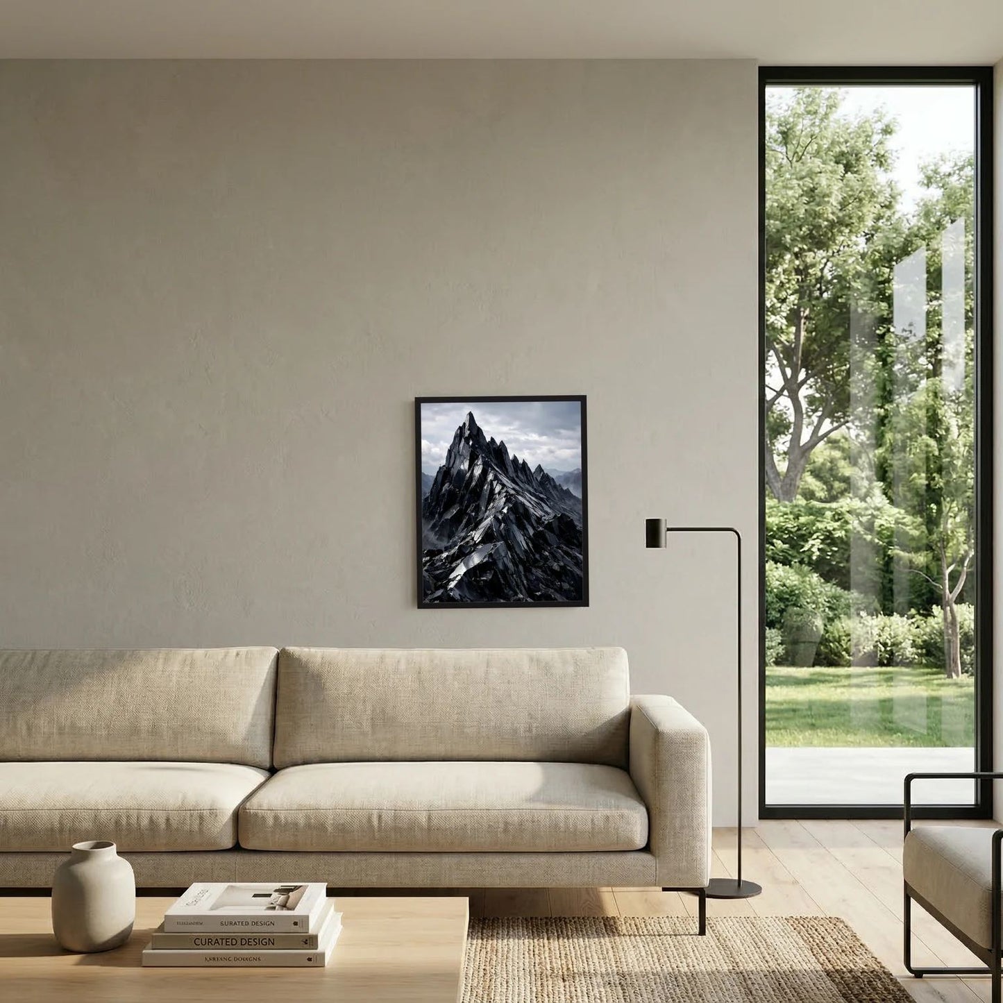 Wandbild mit Berglandschaft in Schwarz und Grau an der Wand