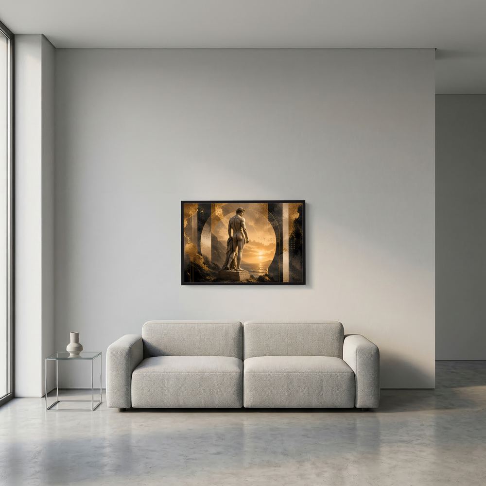Wandposter mit antiker Männerstatue, Gold und Schwarz, Querformat, schwarzer Rahmen