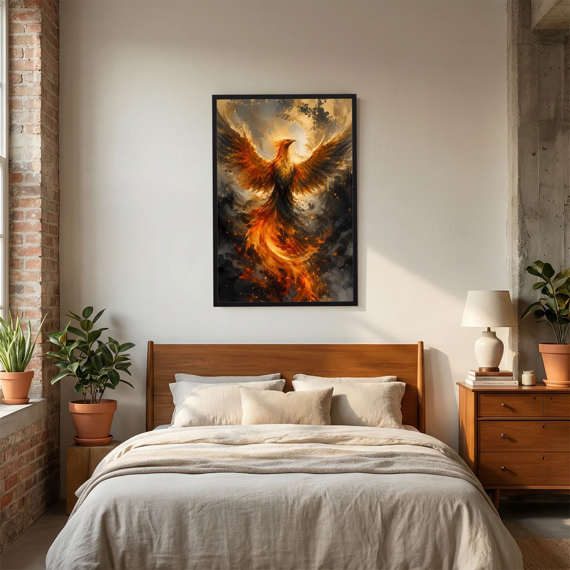 Gerahmtes Poster mit Phönix in Flammen, gold-orange Flügel und hellen Lichtreflexen