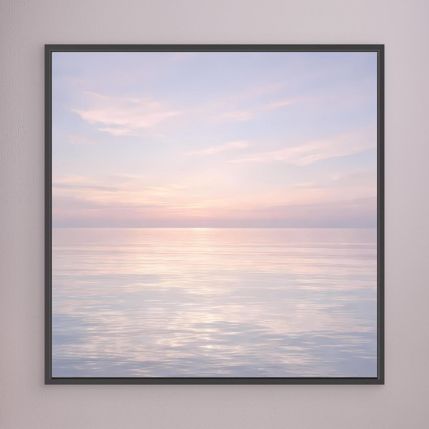 Leinwandbild mit schwarzem Rahmen, ruhiger Sonnenuntergang über Pastellmeer