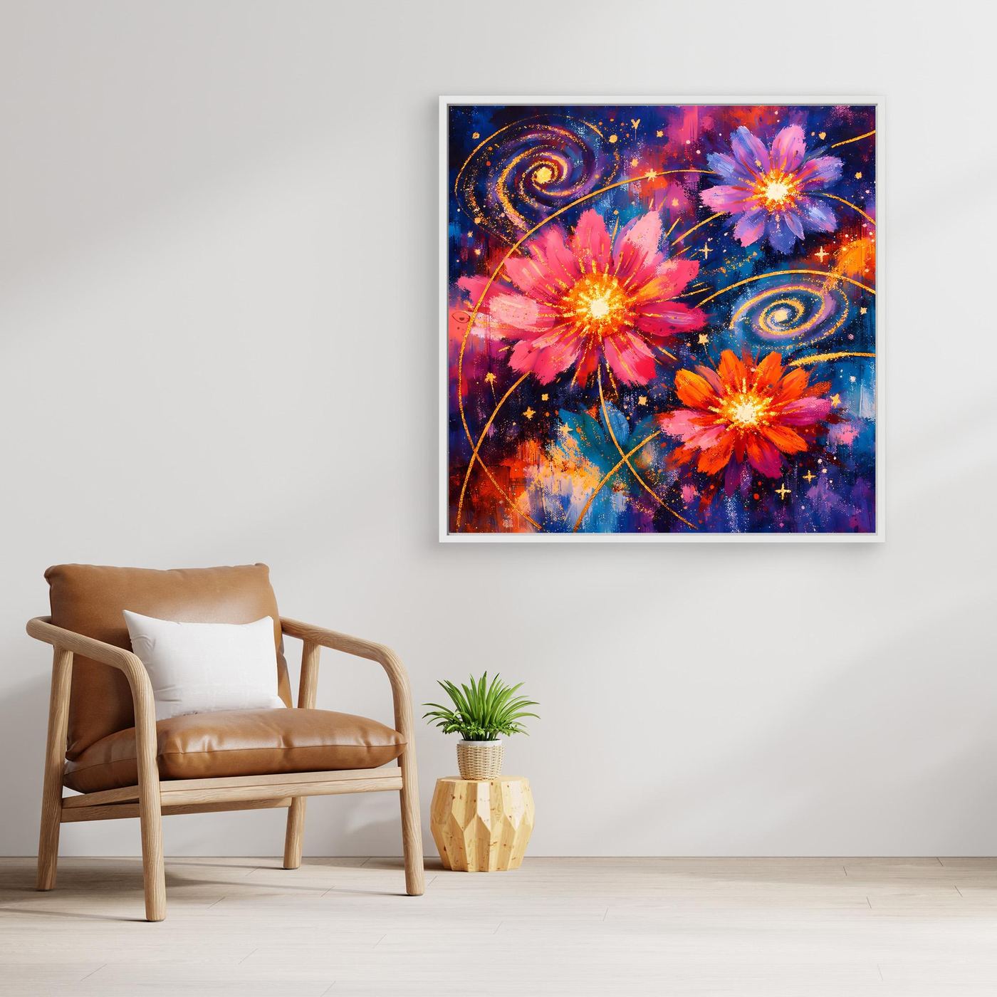 Leinwand-Wandbild mit kosmischen Blüten, Sternen und Spiralnebeln im schwarzen Rahmen.