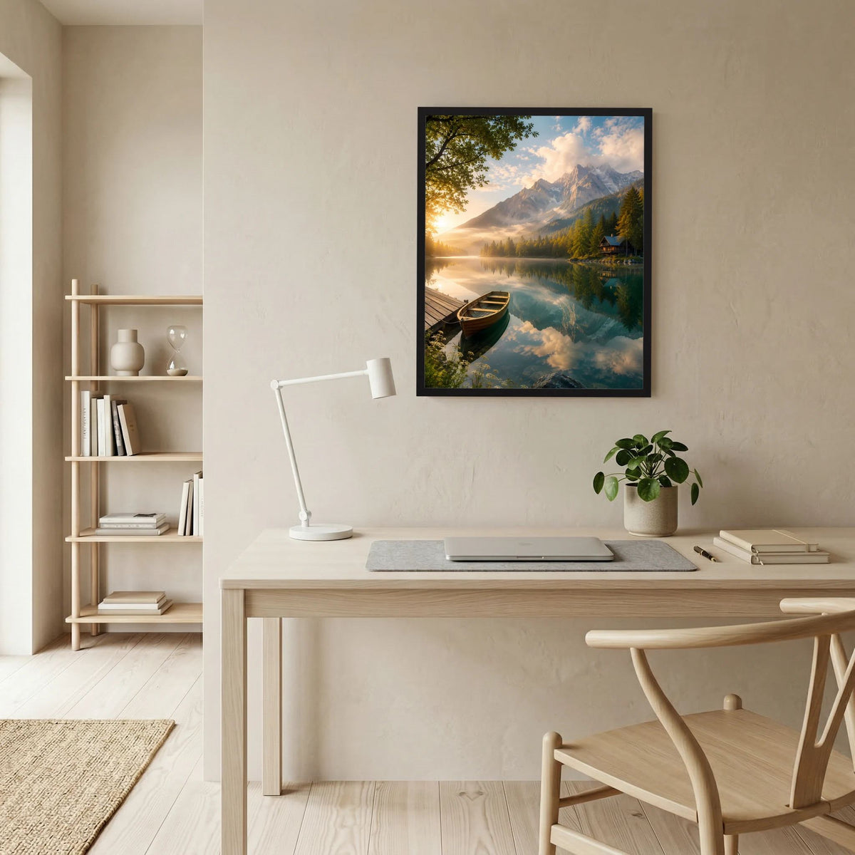 Kunstposter im schwarzen Rahmen: Holzboot am Bergsee, Spiegelbild der Alpenberge.