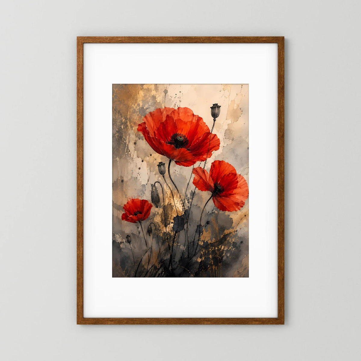 Gerahmtes Poster mit roten Mohnblüten, abstraktem Grau/Gold und braunem Holzrahmen