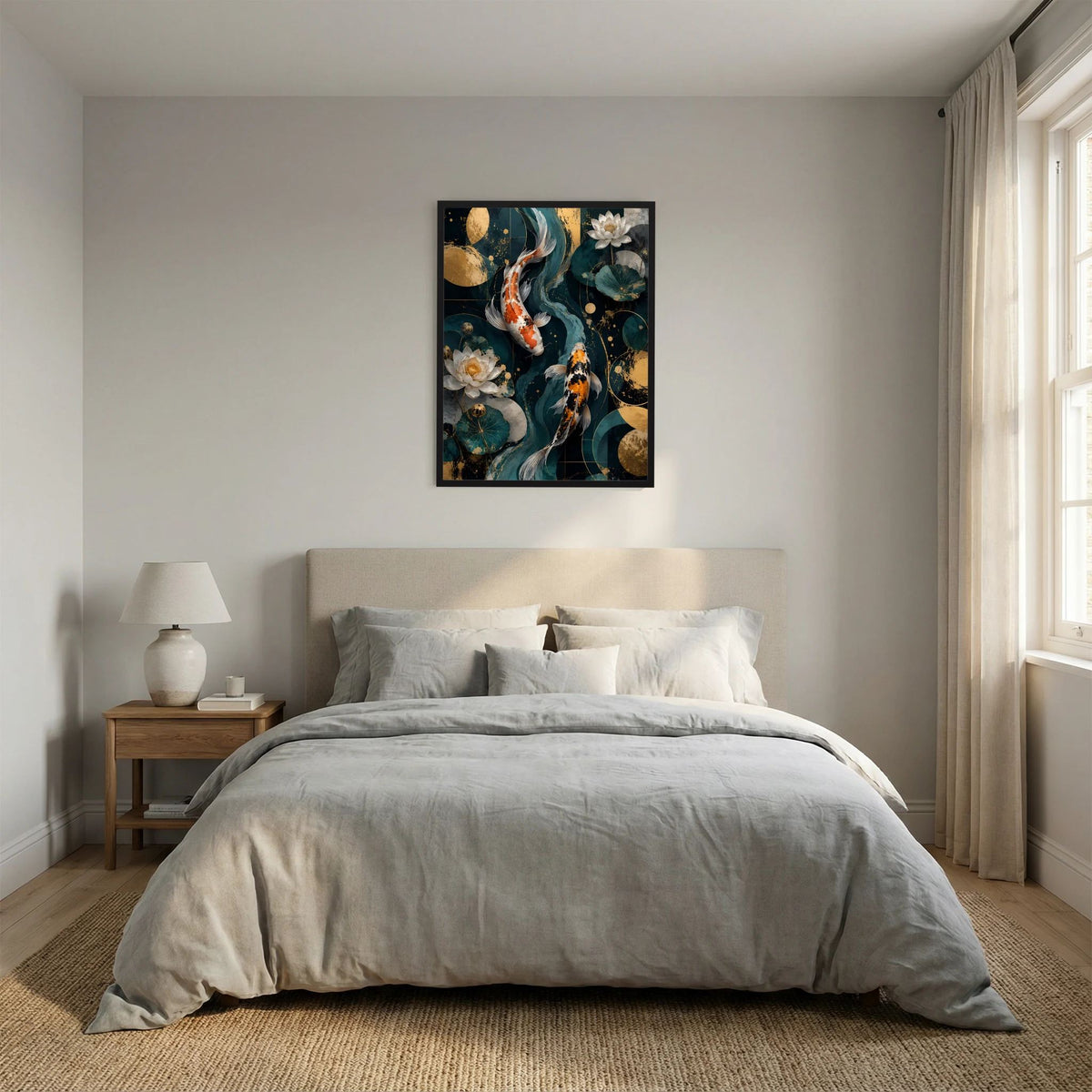 Gerahmtes Wandposter über dem Bett: Koi-Fische und Lotusblüten in Petrol & Gold