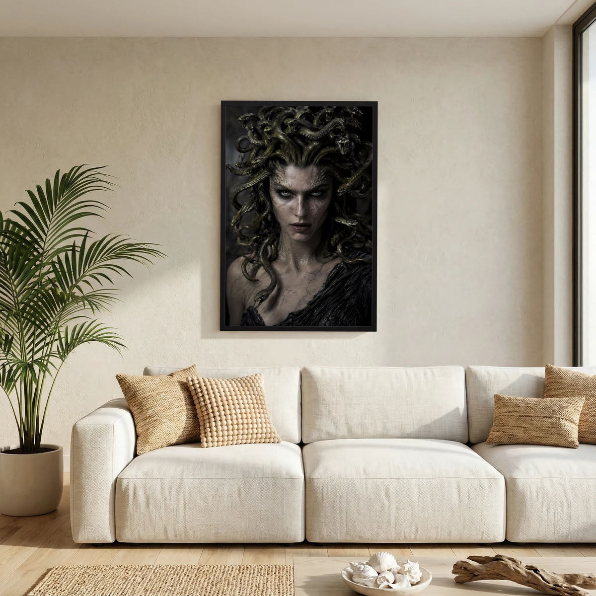 Medusa-Fantasy-Porträtposter im schwarzen Rahmen, an der Wand über Sofa