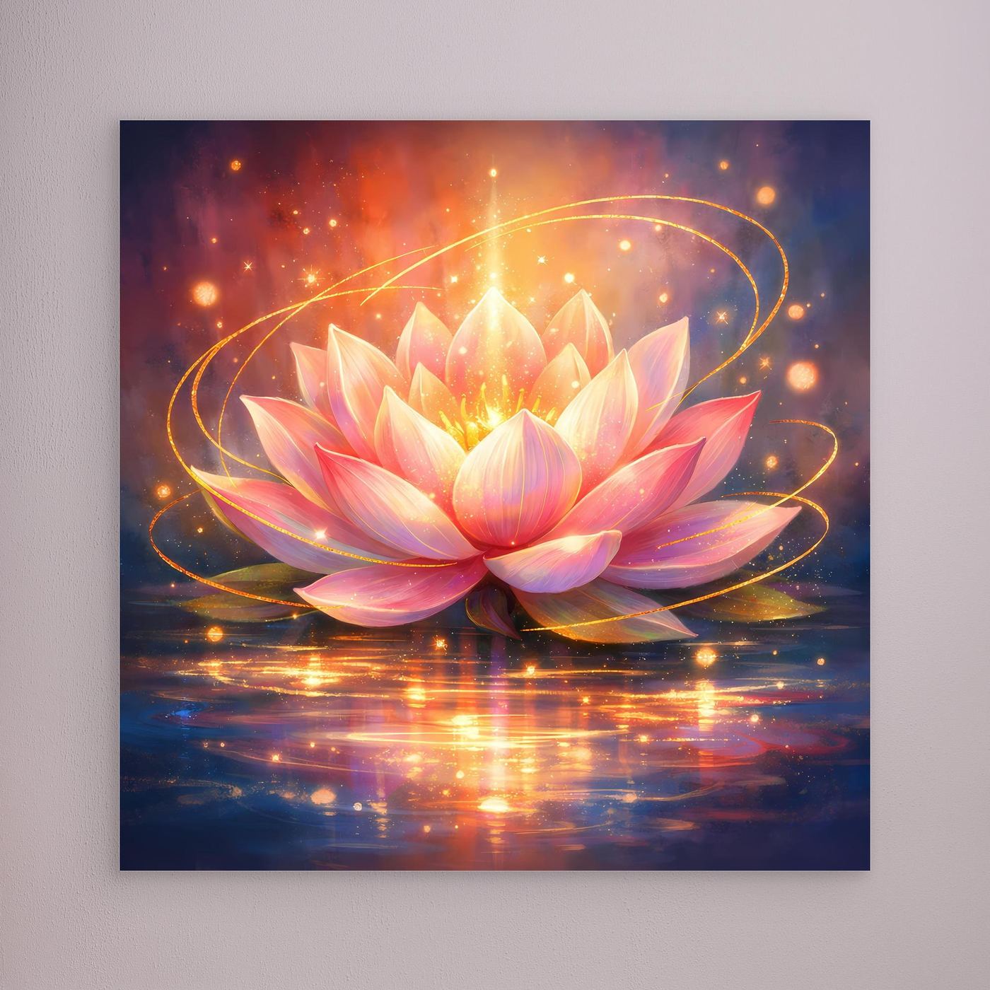 Leinwandbild mit leuchtender Lotusblüte in Rosa und Gold mit goldenem Ornamentbogen