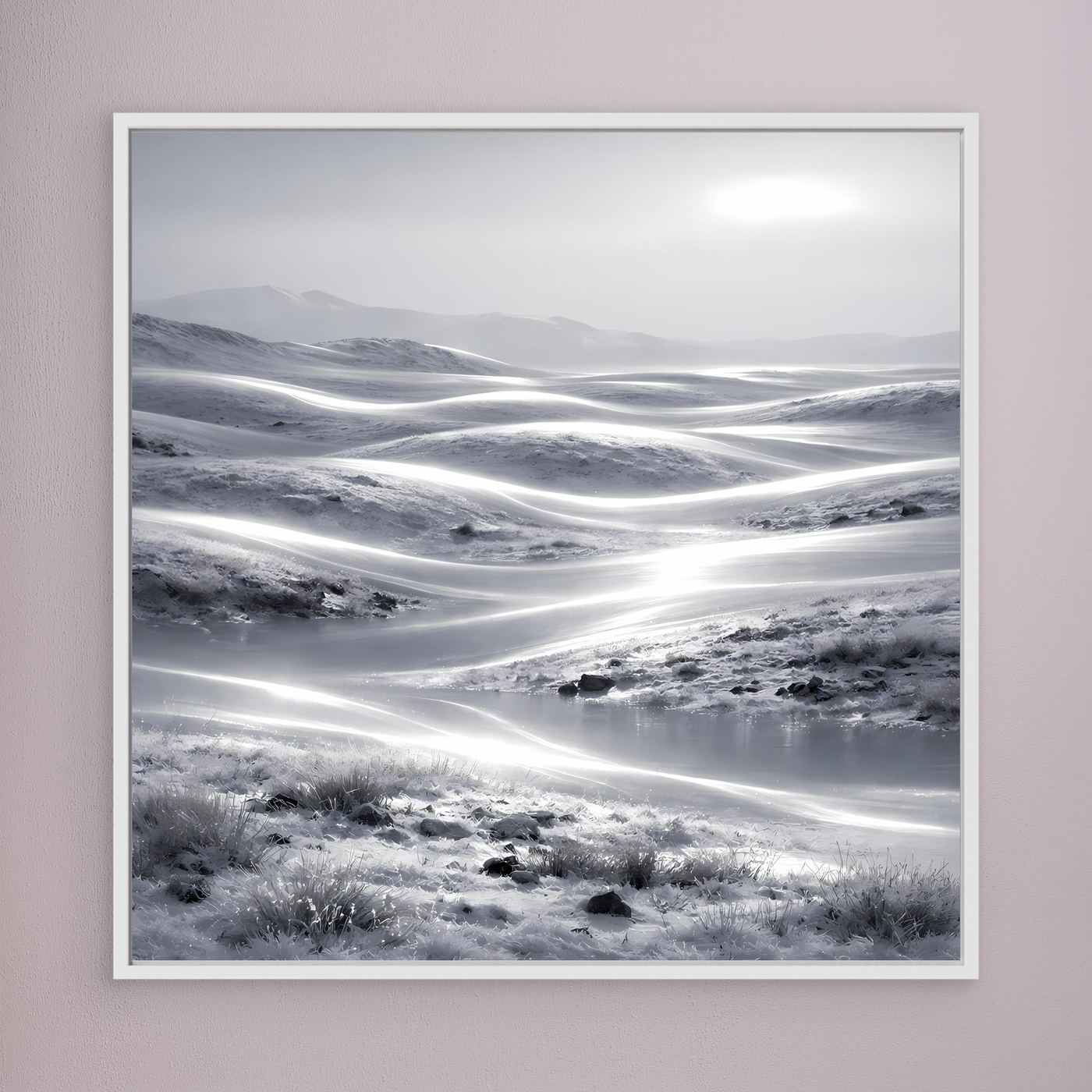 Leinwandbild Winterlandschaft mit weißem Rahmen, abstrakte Schneelandschaft mit Lichtreflexen