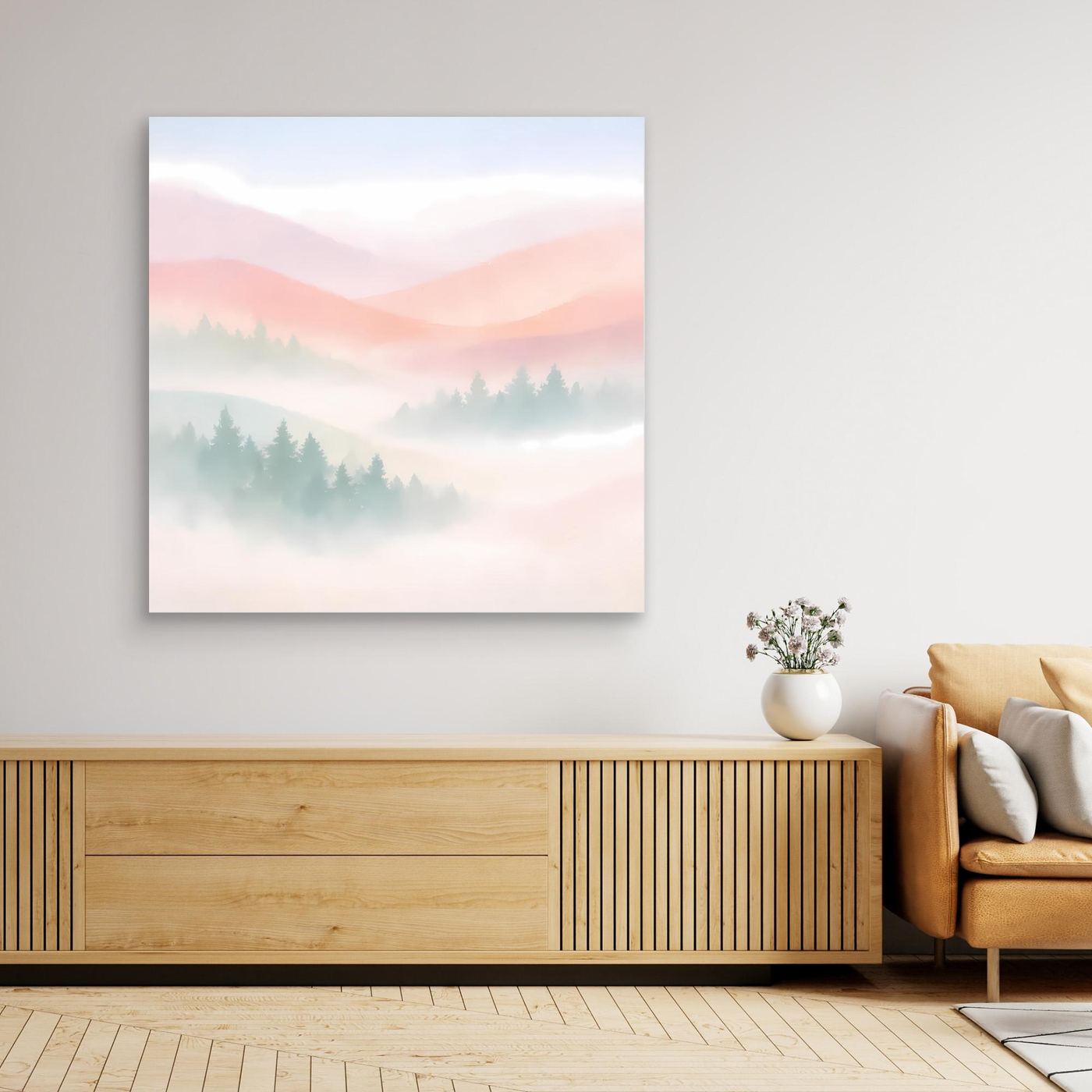 Leinwandbild mit pastellfarbenem Bergmotiv und weichem Morgennebel