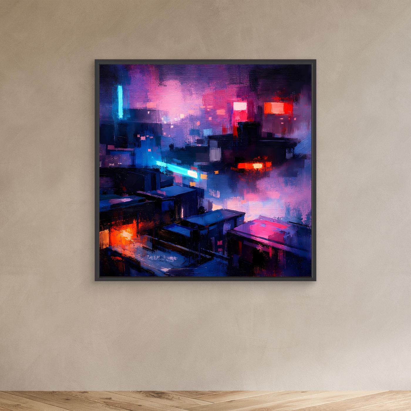 Leinwand Cyberpunk City bei Nacht | Modernes Neon-Dystopie Wandbild auf echter Leinwand