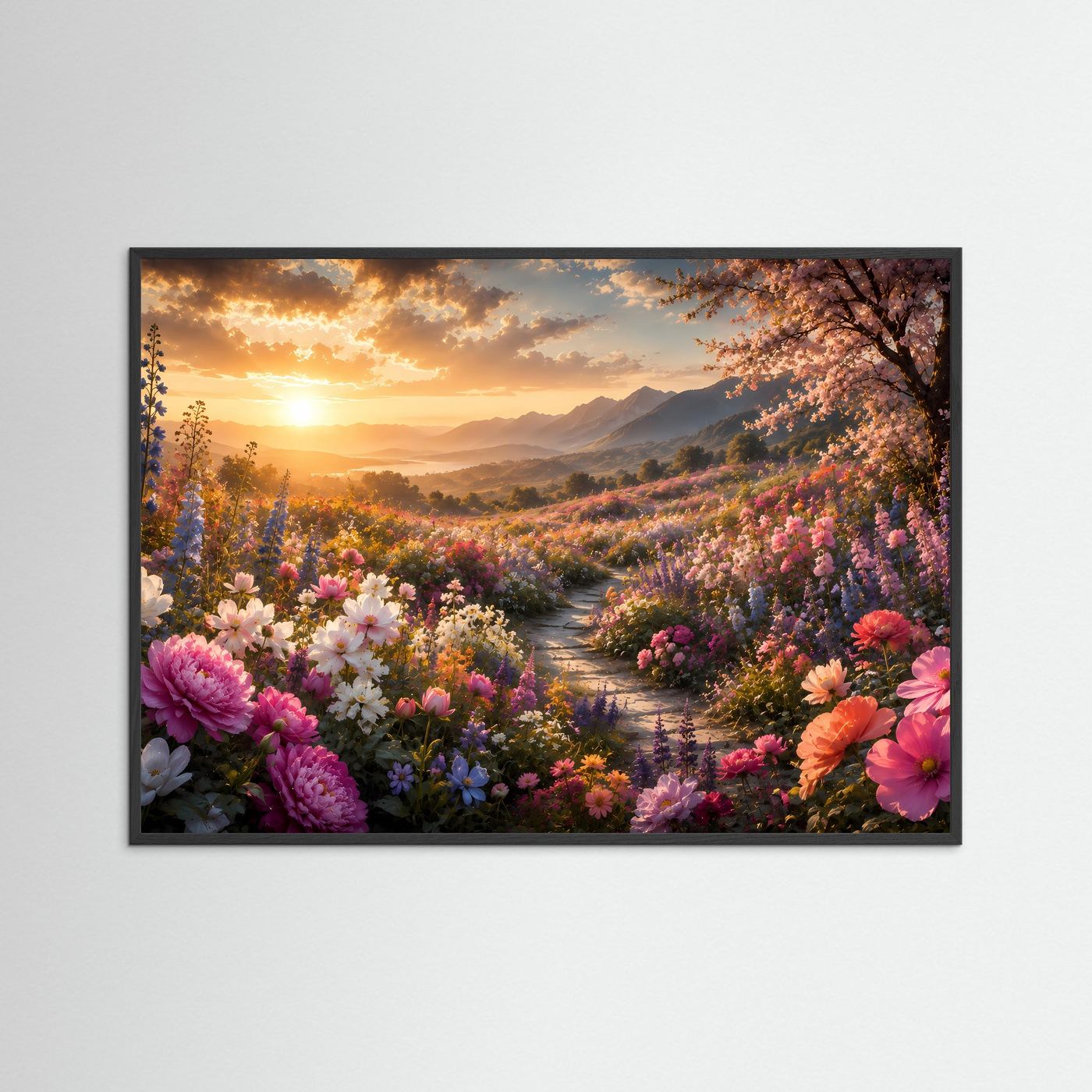 Blühende Bergwiese im goldenen Sonnenuntergang | Farbenprächtiges Blumenmeer mit Bergpanorama in Rosa, Violett & Gold | Romantische Natur Wandkunst