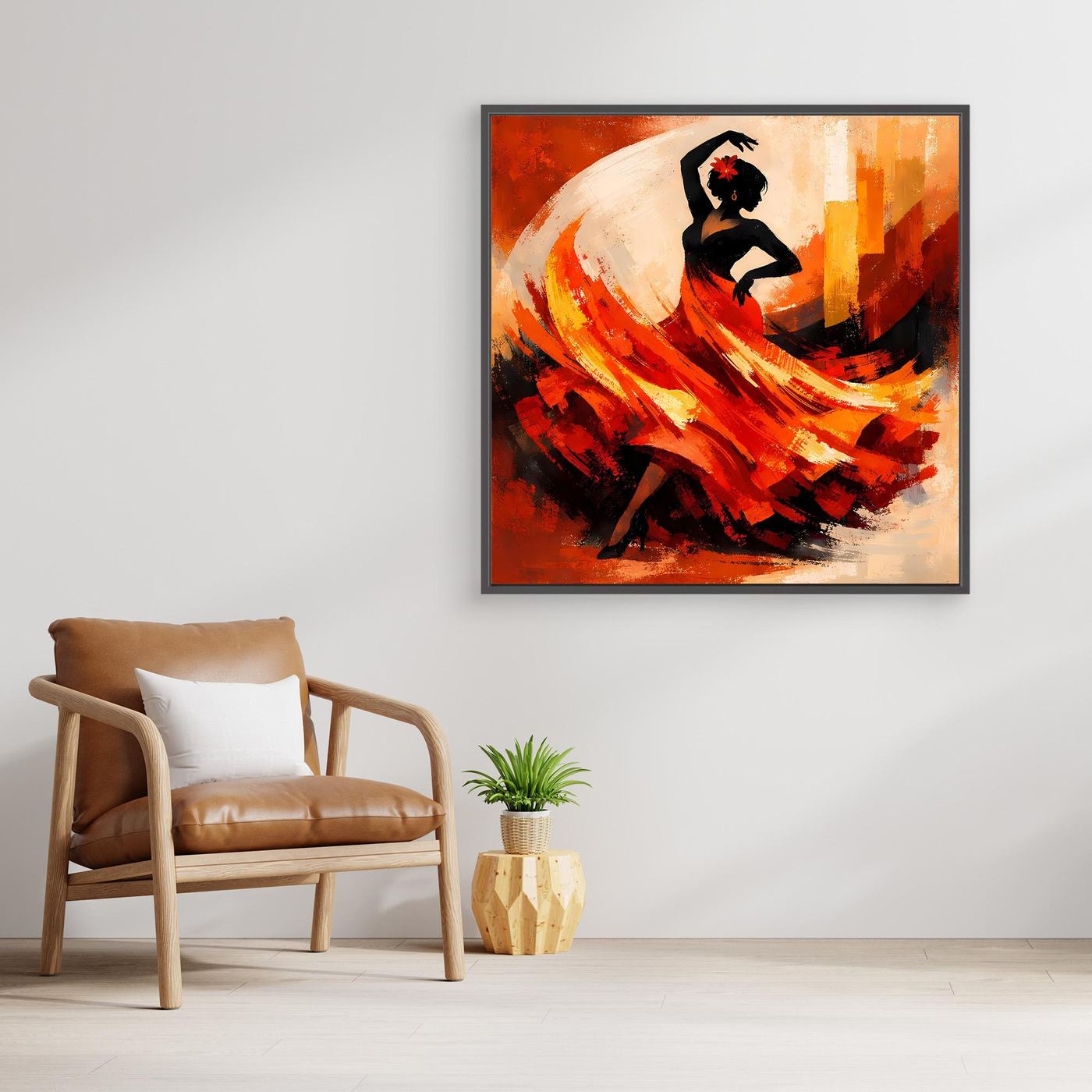 Gerahmtes Leinwand-Wandbild mit Flamenco-Tänzerin in Schwarz, Rot- und Gelb-Orange-Abstraktion