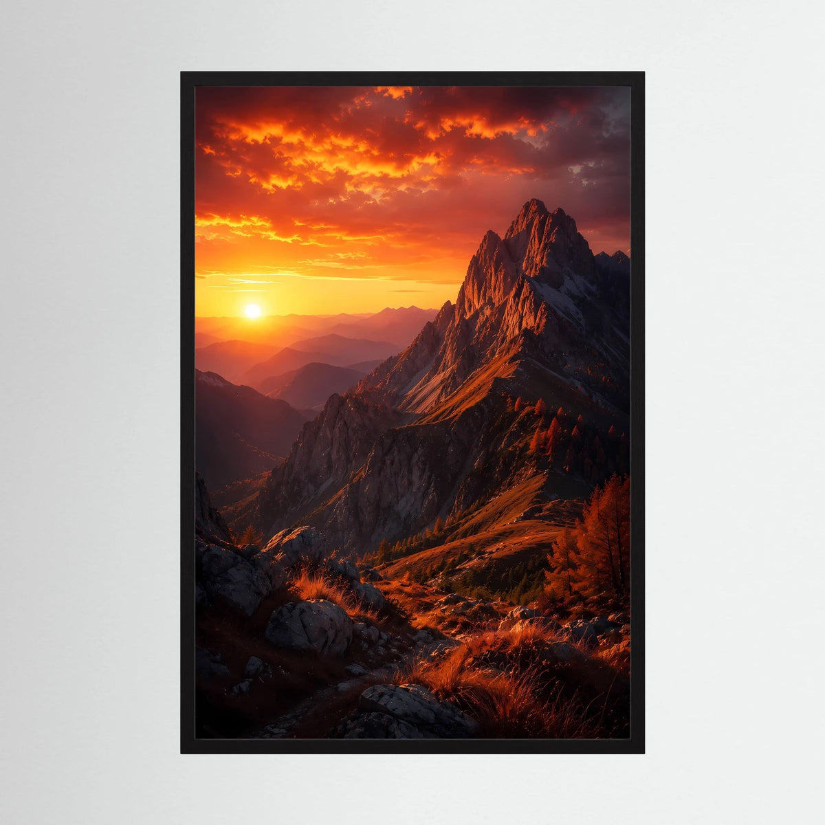 Hochformat-Poster mit Berglandschaft im Sonnenuntergang, schwarzer Rahmen