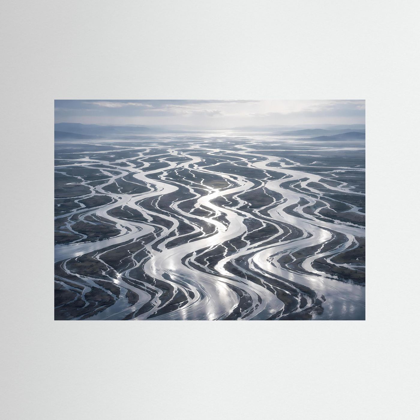 Wandbild mit Flussdelta-Motiv in Blau-Grau, ohne sichtbaren Rahmen