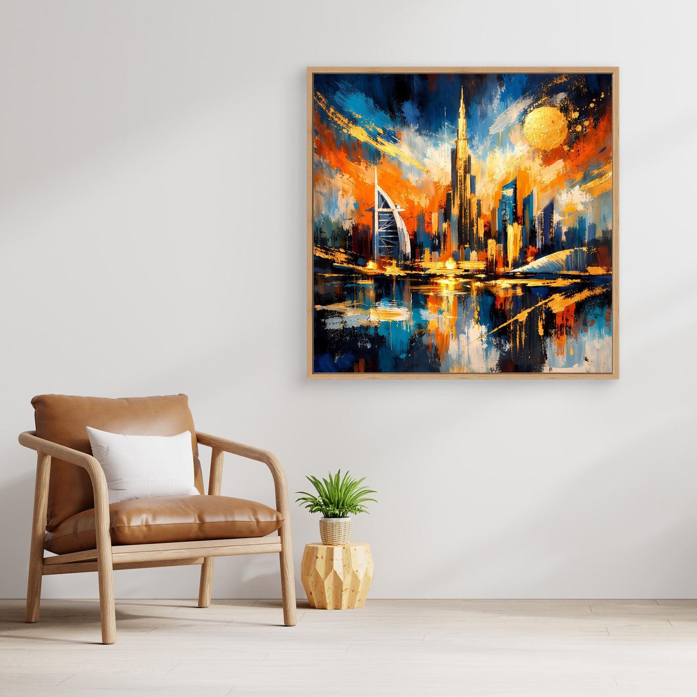 Abstraktes Skyline-Wandbild mit blau-orangem Farbverlauf und gelbem Lichtkreis, Holzrahmen