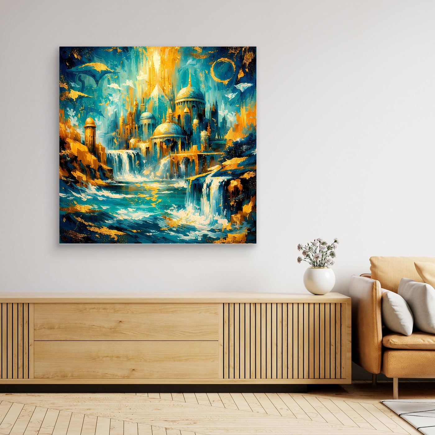 Quadratisches Leinwandbild mit Holzrahmen: leuchtende Stadt mit Palast, Wasserfall, türkis und gold