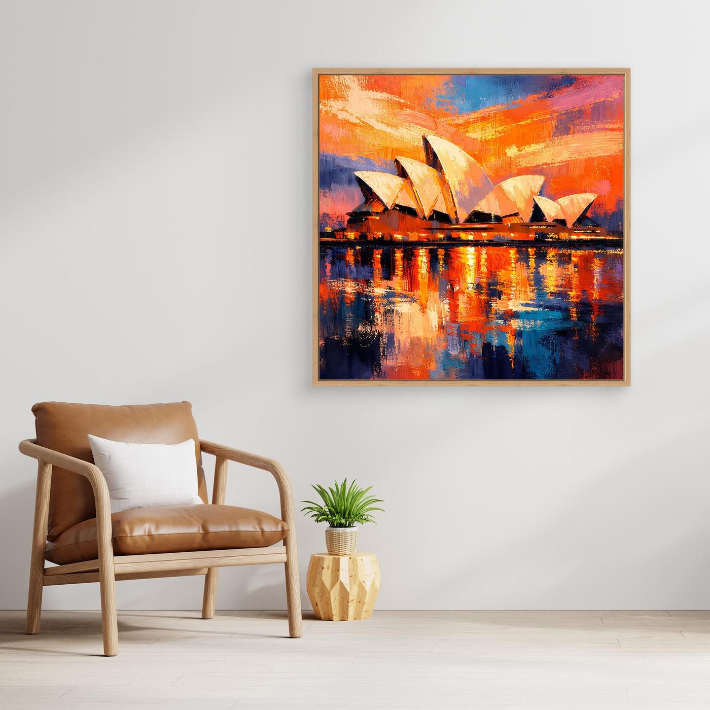 Gerahmtes Wandbild mit abstrakter Sydney Opera House bei Abendrot, orangeblauer Himmel und Reflexionen