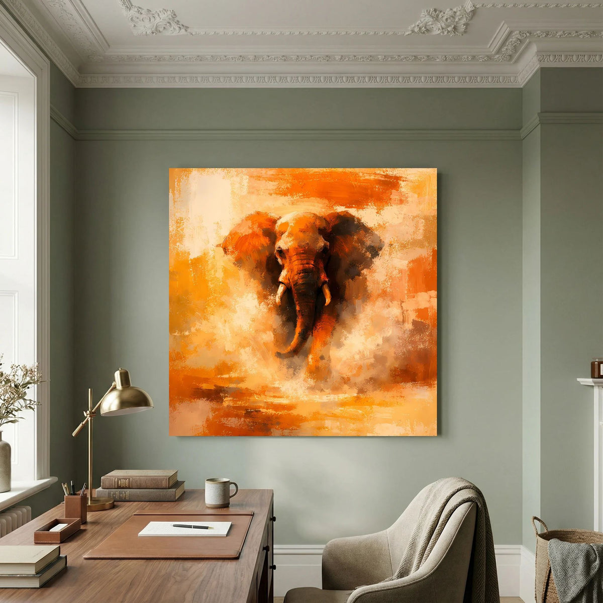 Leinwand Abstraktes Elefanten Gemälde | Modernes Kraftvolles Tier Wandbild Orange Ocker