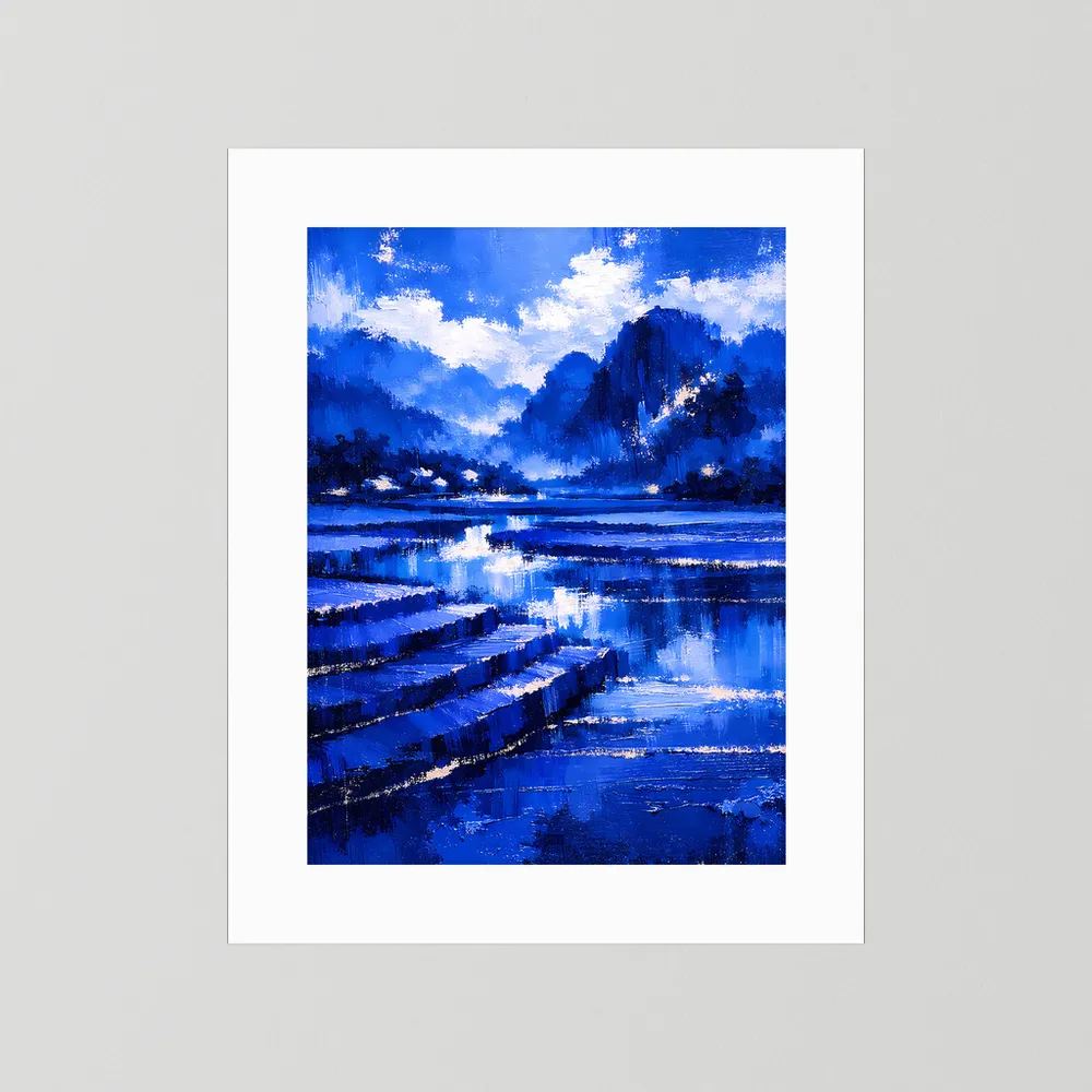 Poster mit blauem Landschaftsmotiv im weißen Passepartout, See und Ufer, Hochformat