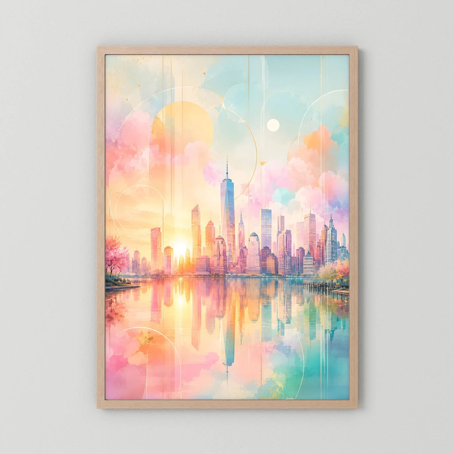 Hochformatiges Kunstposter, abstrakte Skyline in Pastellrosa und Türkis, hellbrauner Rahmen