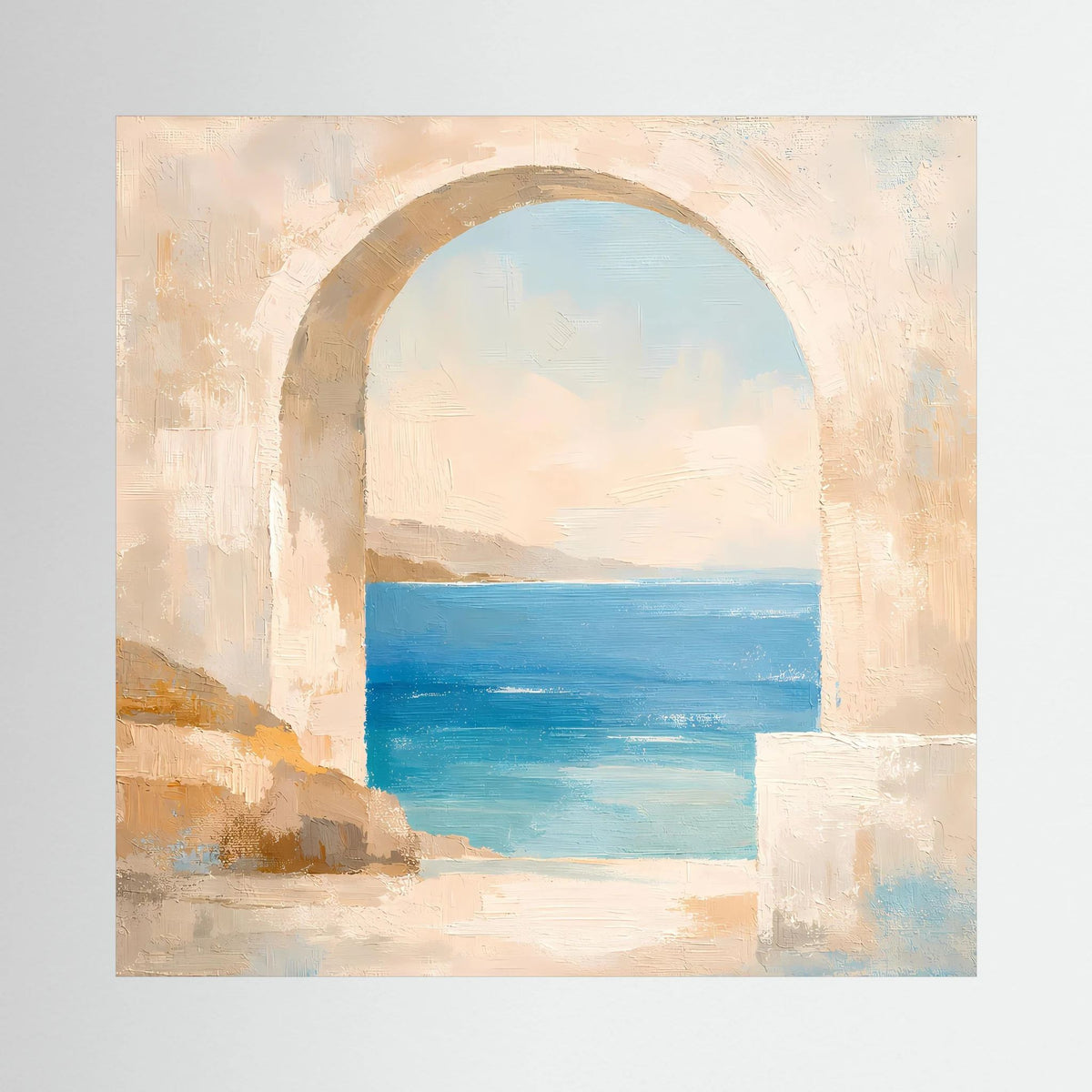 Rechteckiges Leinwandbild mit mediterranem Rundbogen und abstrahiertem Meerblick in Blau und Beige