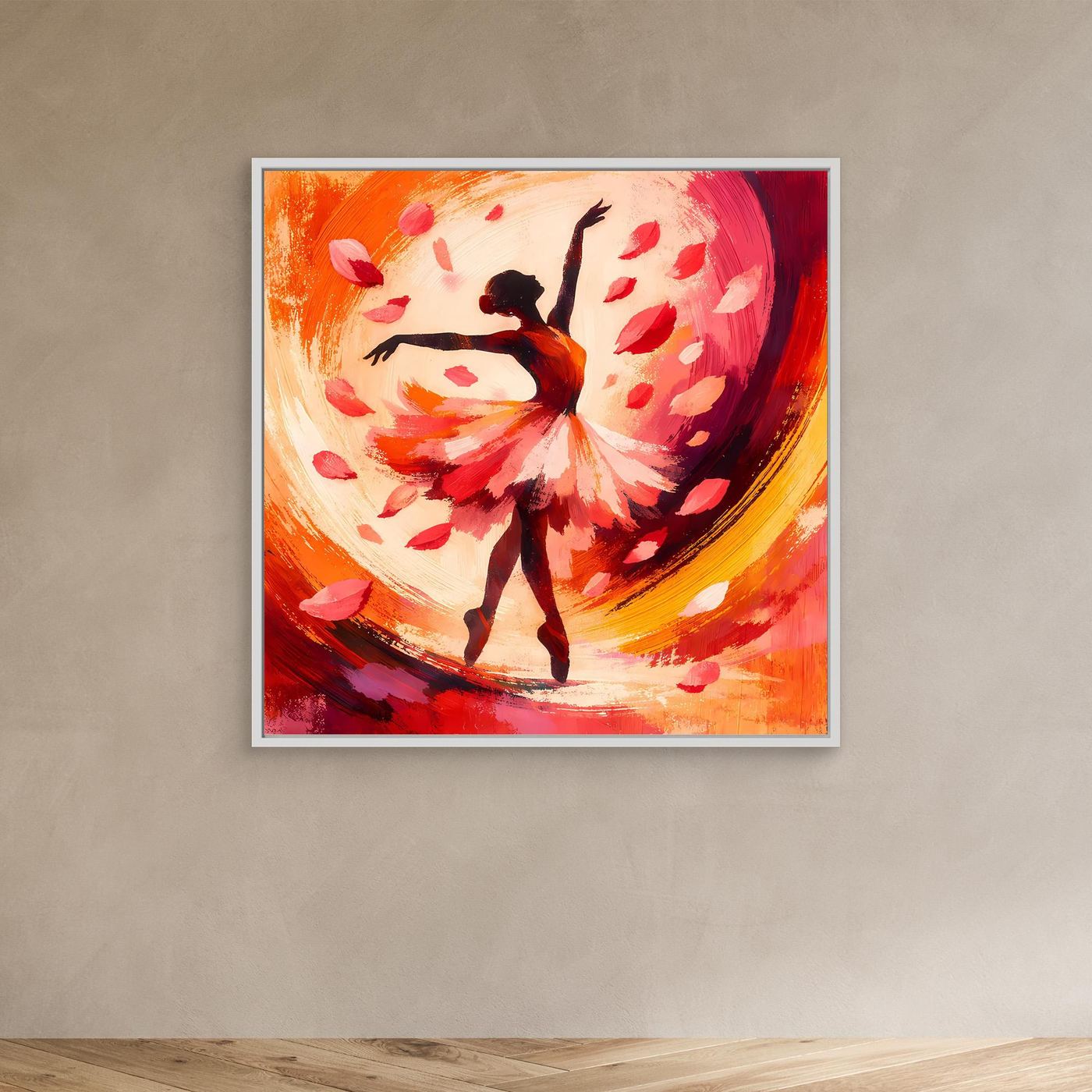 Leinwandbild mit Ballerina im Blütenregen, orange-roter Farbverlauf, hellgrauer Rahmen