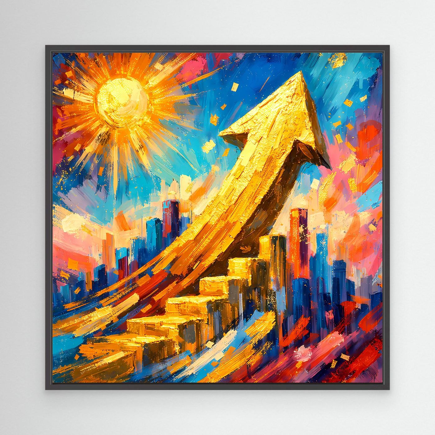 Leinwandbild im schwarzen Rahmen mit abstrakter Skyline, goldenem Pfeil und Strahlenmotiv