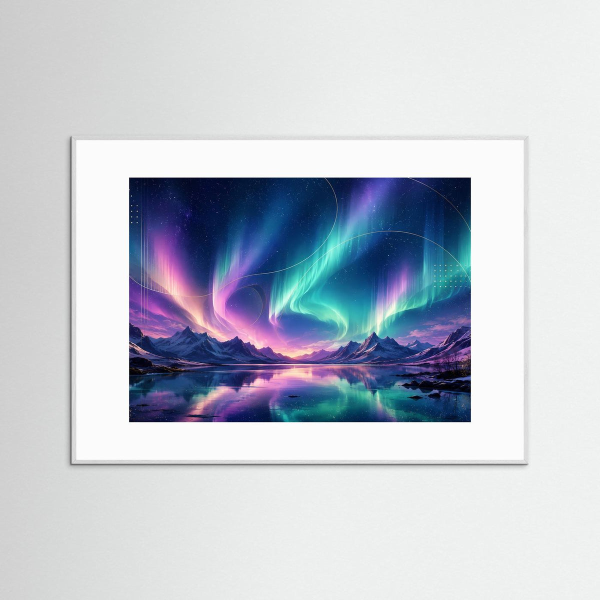 Poster Querformat: Aurora über Berglandschaft, blau-violetter Himmel, weißer Rahmen mit Rand